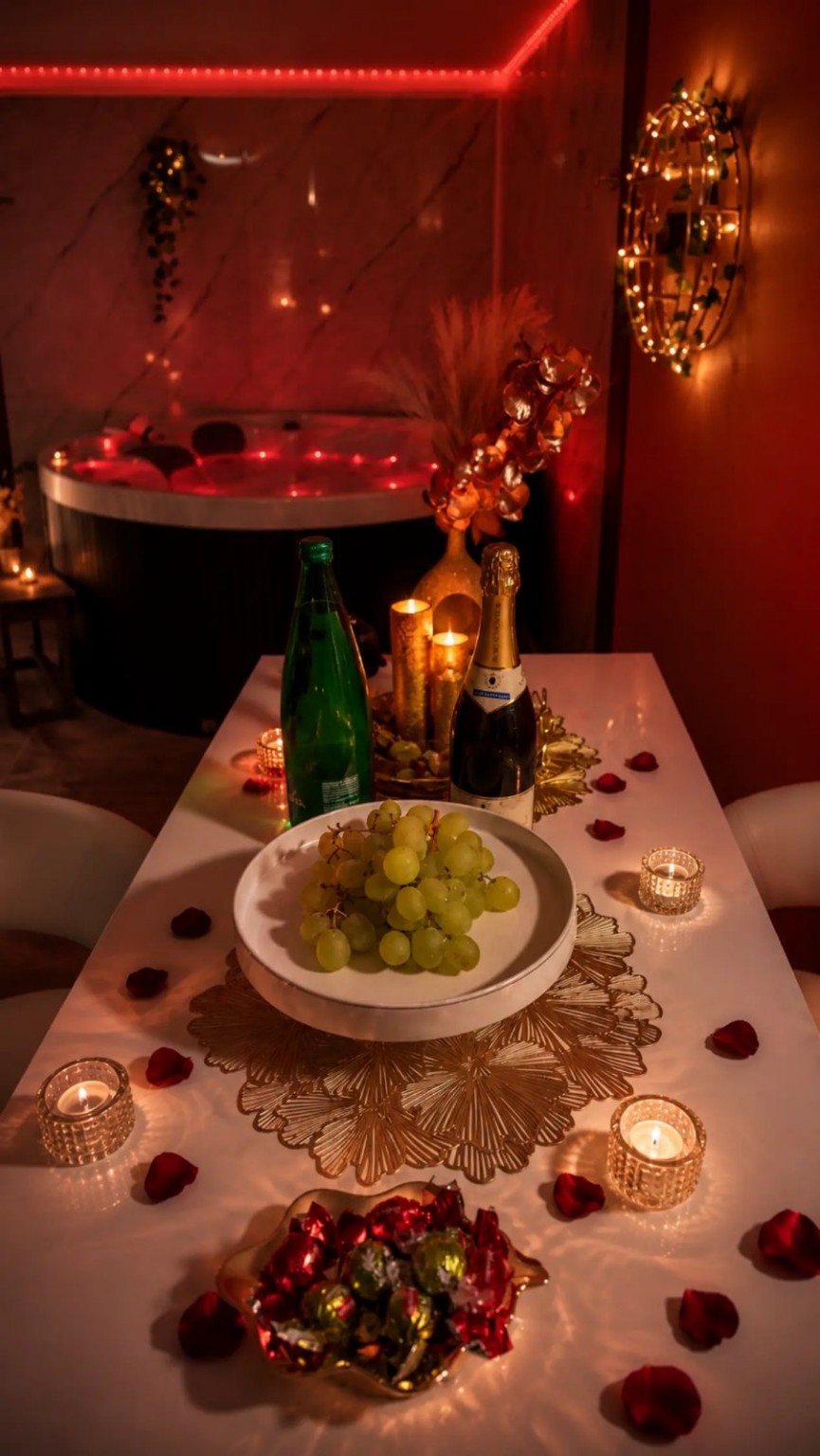 Penina, sadje in sveče ob jacuzziju VIP Wellness Immortality