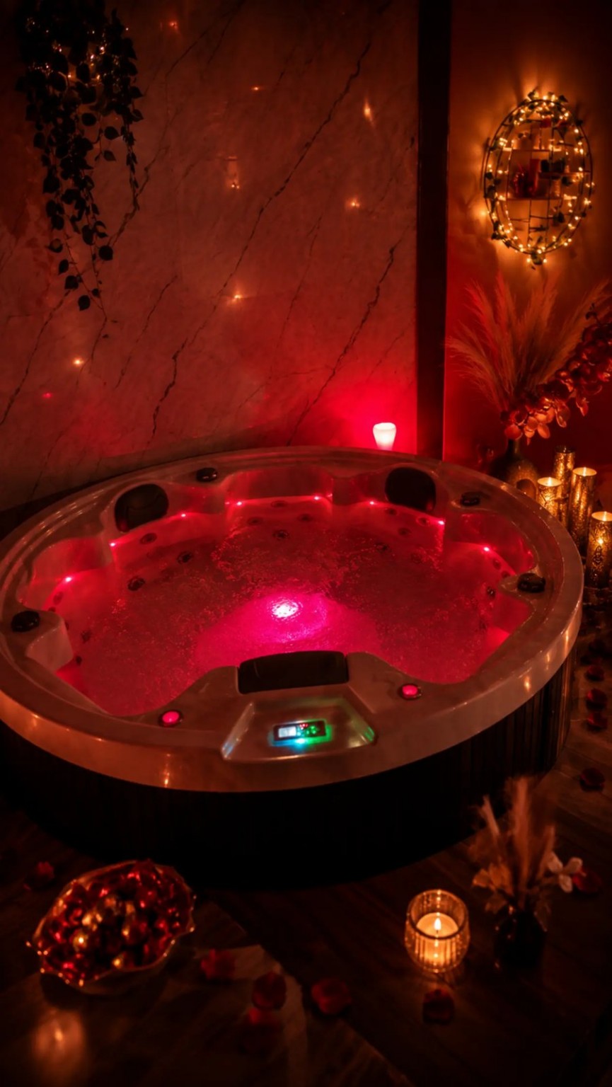 Velik jacuzzi VIP Wellness Immortality v toplem rdečem ambientu ob svečah
